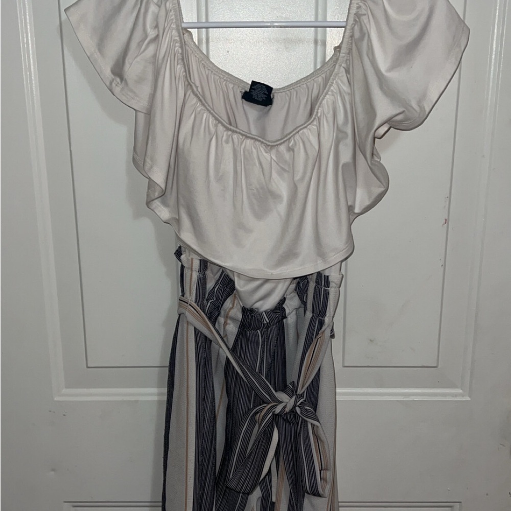 Off-Shoulder Ruffle Top with Striped Pants Set